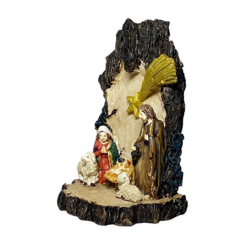 Crèche de Noël résine imitation bois une pièce à poser format 9cmx12cm