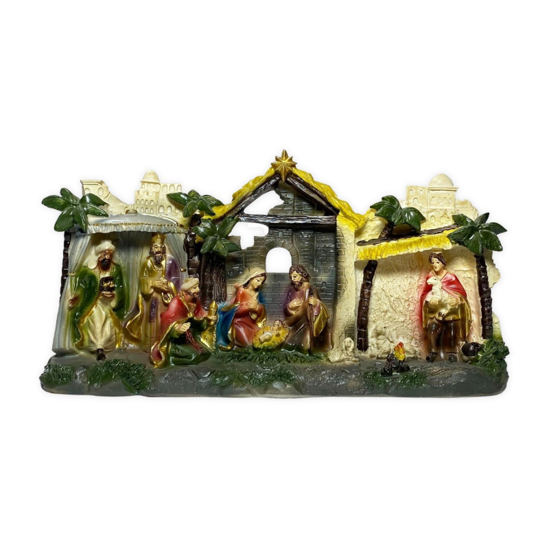 Crèche de Noël en résine une pièce à poser format 23cm x 12cm vue de face