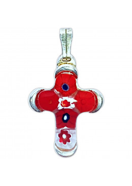 Croix en verre de Murano sertie sur métal argenté H.2cm, rouge