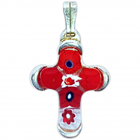 Croix en verre de Murano sertie sur métal argenté H.2cm, rouge