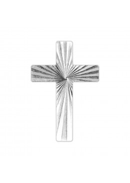 Pin's Croix en métal argenté, décor strié avec double brillance