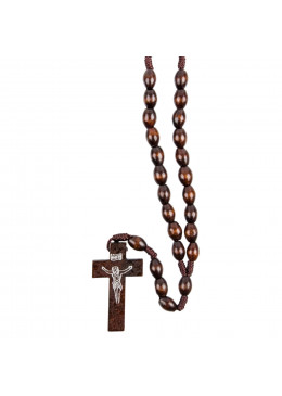 Chapelet en bois avec grains ovales, couleur marron, sur corde L.40cm